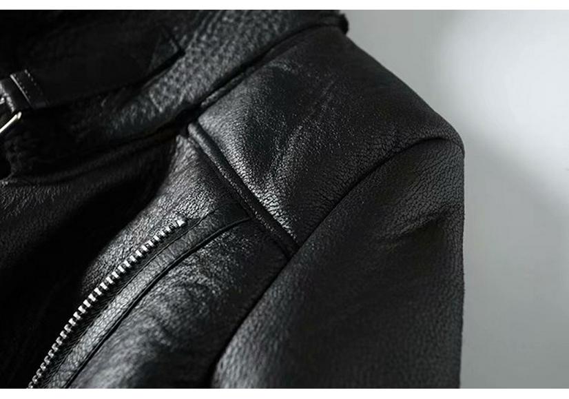 Women's Mid-length Lambswool Leather Motorcycle Jacket - European & American Winter Style