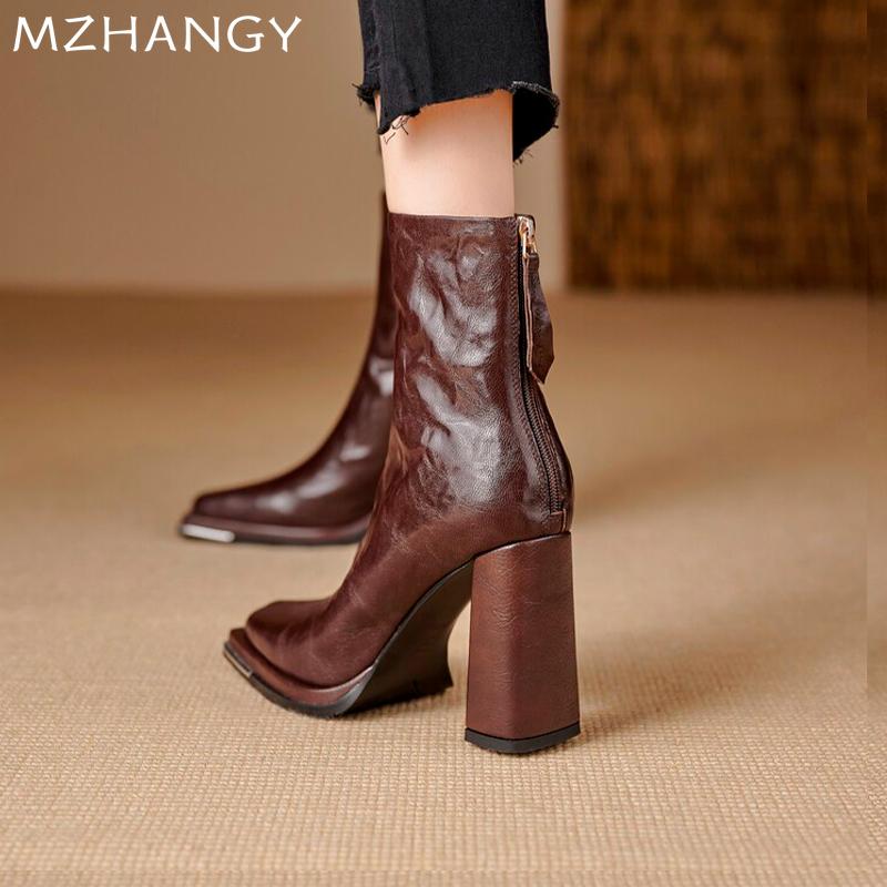 Fashion High Heels Women Square Toe Leather Snow Boots Dress Sexy Fashtion Ankle Boots Women 2024 Trend New Winter Designer Botas Mujer