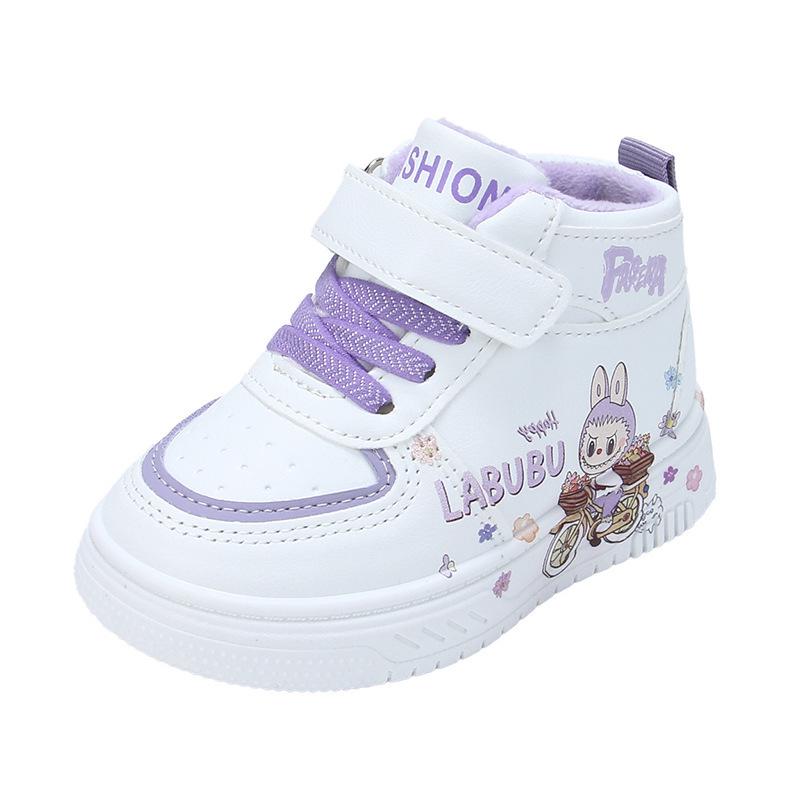 2025 Autumn/Winter Kids' Cartoon Mid-Top Leather Walker Shoes - Unisex, Trendy White