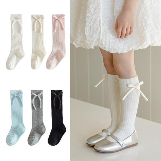 1 Pair Children Socks High School Long Tube Solid Color Stockings Princess Style Bow Decor Calf Socks Spring Autumn Wear