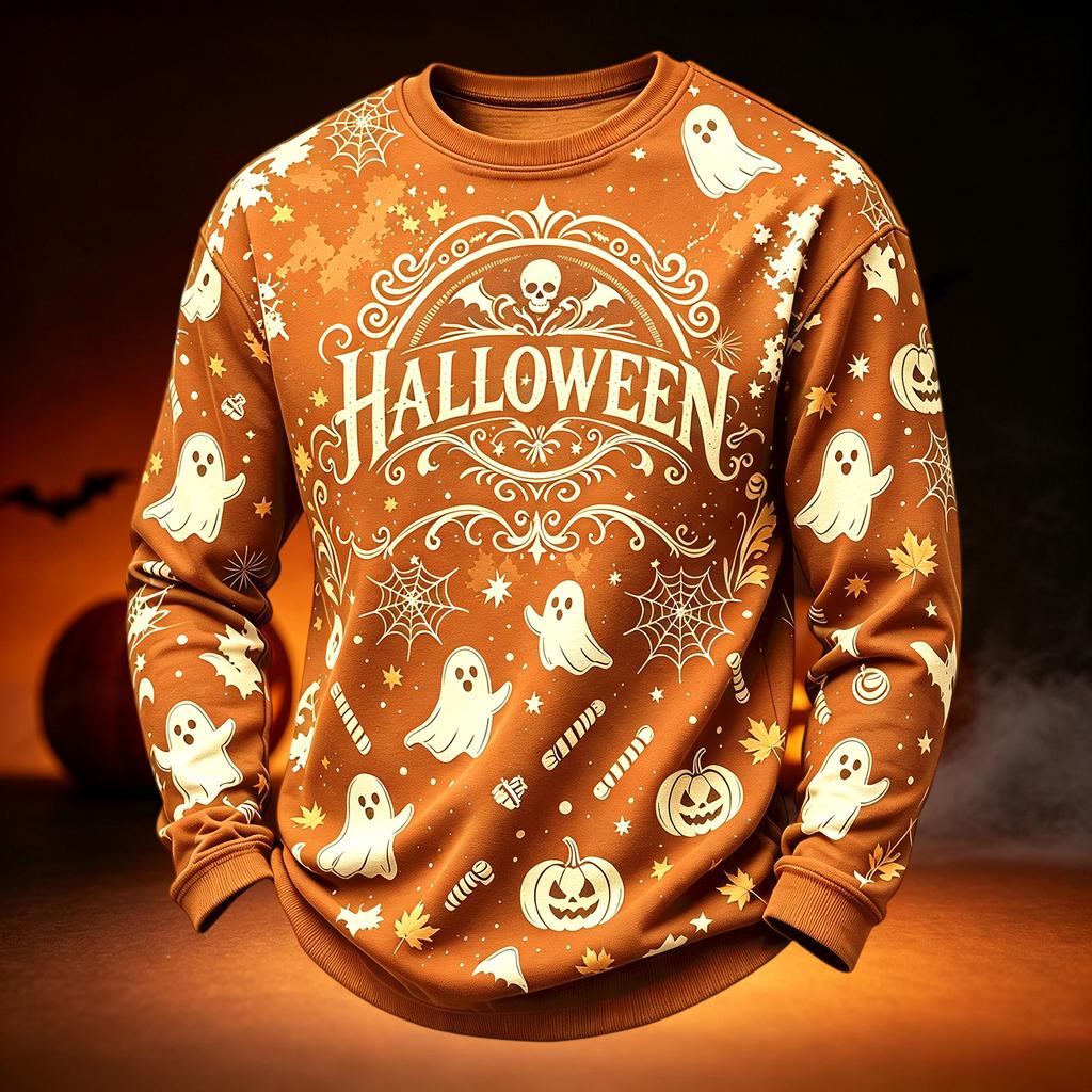 Men's Casual Round Neck Long Sleeve Top with Halloween Print