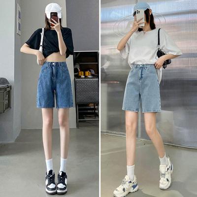 Women Knee Length Jeans Straight High Waist Zipper Button Closure Retro Pockets Solid Color Loose Lady Denim Shorts Casual Short Pants