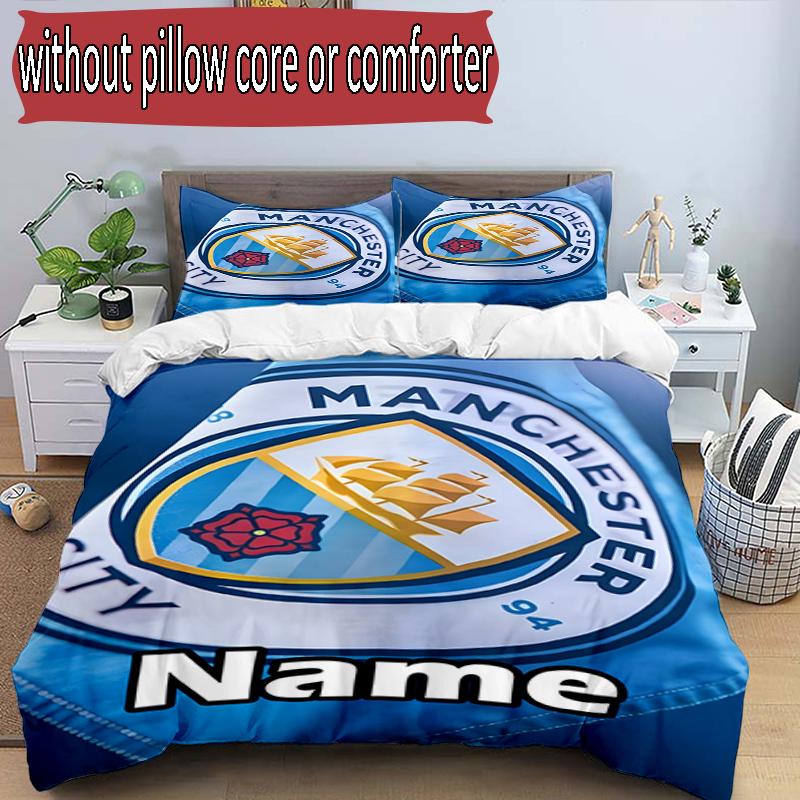 3pcs Duvet Cover Set (1*Duvet Cover + 2*Pillowcase, Without Core), Custom Name Manchester City FC Pattern Bedding Set, Home Bedroom Decor Gift