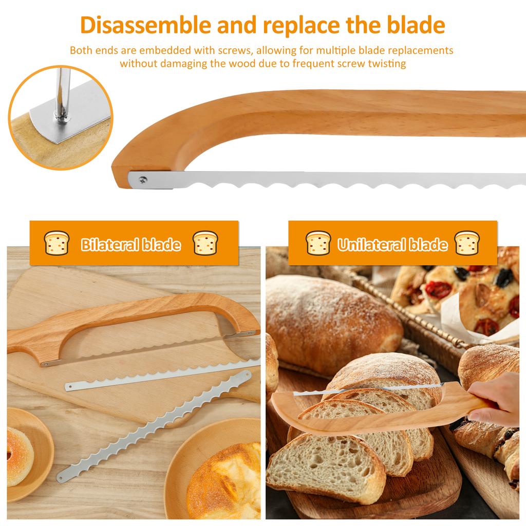 Bread Bow Knife Wood Handle with 2 Extra Stainless Steel Serrated Blades Multipurpose Bread Saw Slicer Home Bakery Baking Tools