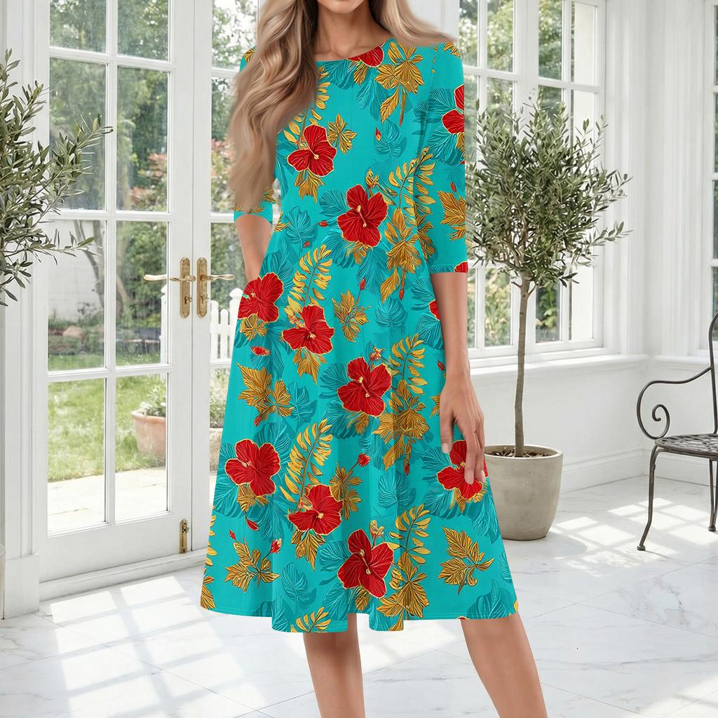 Women's Casual Fashion Round Neck Three Quarter Sleeve Printed Midi Dress