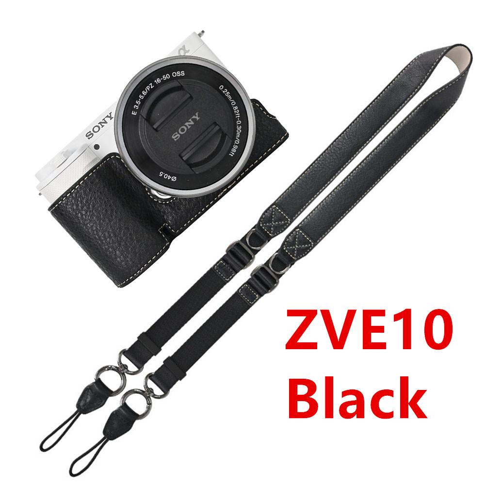 Půl pouzdro na fotoaparát z PU kůže s texturou liči pro Sony A6700 A6400 A6300 A6100 A6000 ZVE10 ZVE10II ZVE10M2 Spodní otevírací kryt s popruhem