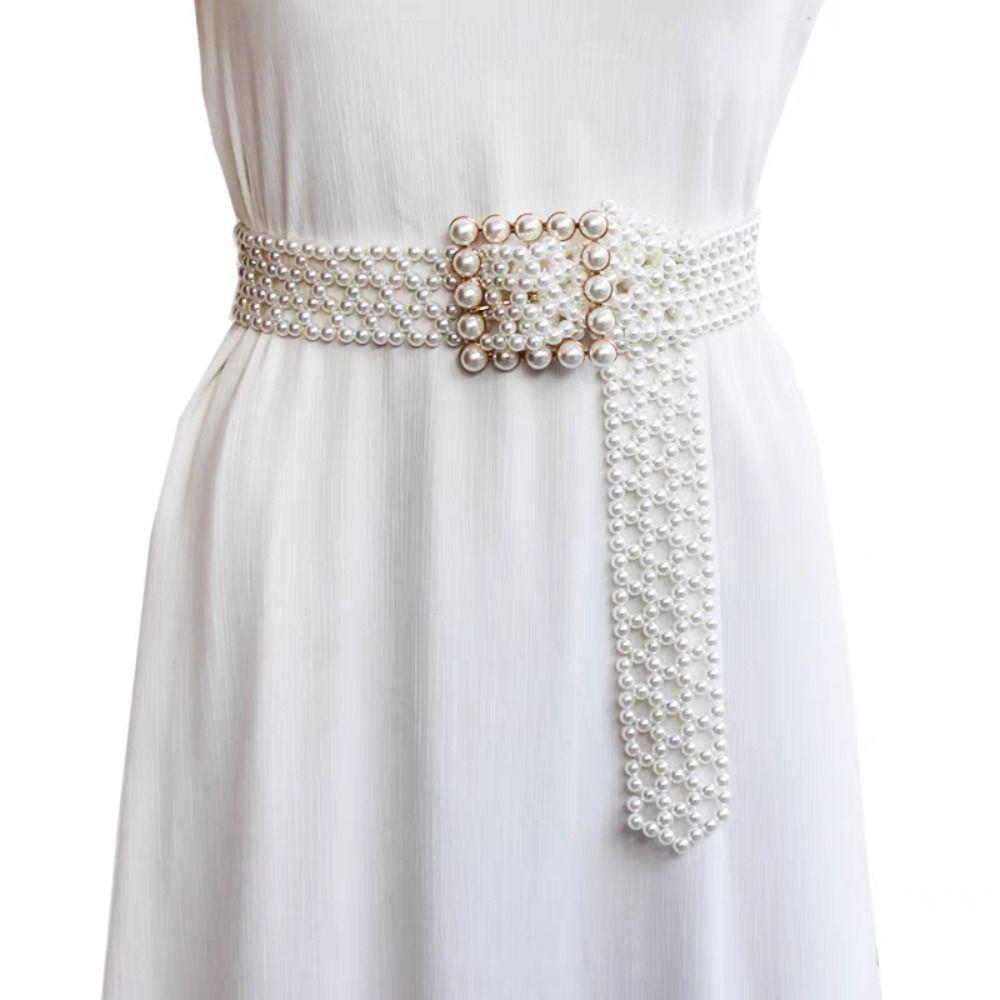 Hollow Pearl Waist Chain Elastic Band Beadeds Body Chain Fashion Pearl Waist Belt  Coat