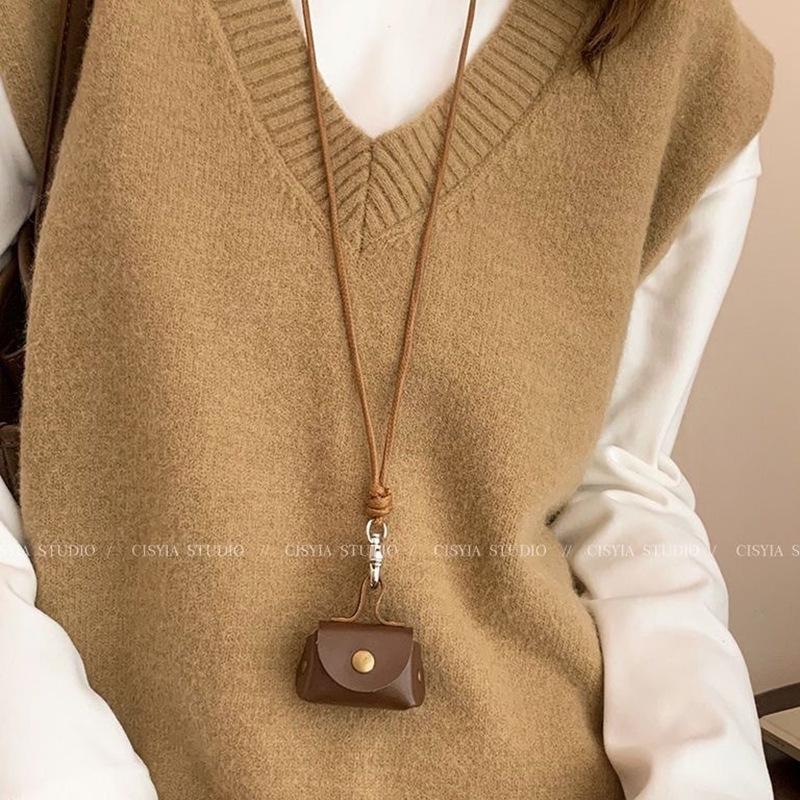 Leather Coin Necklace Pendant with Long Rope & Earphone Case