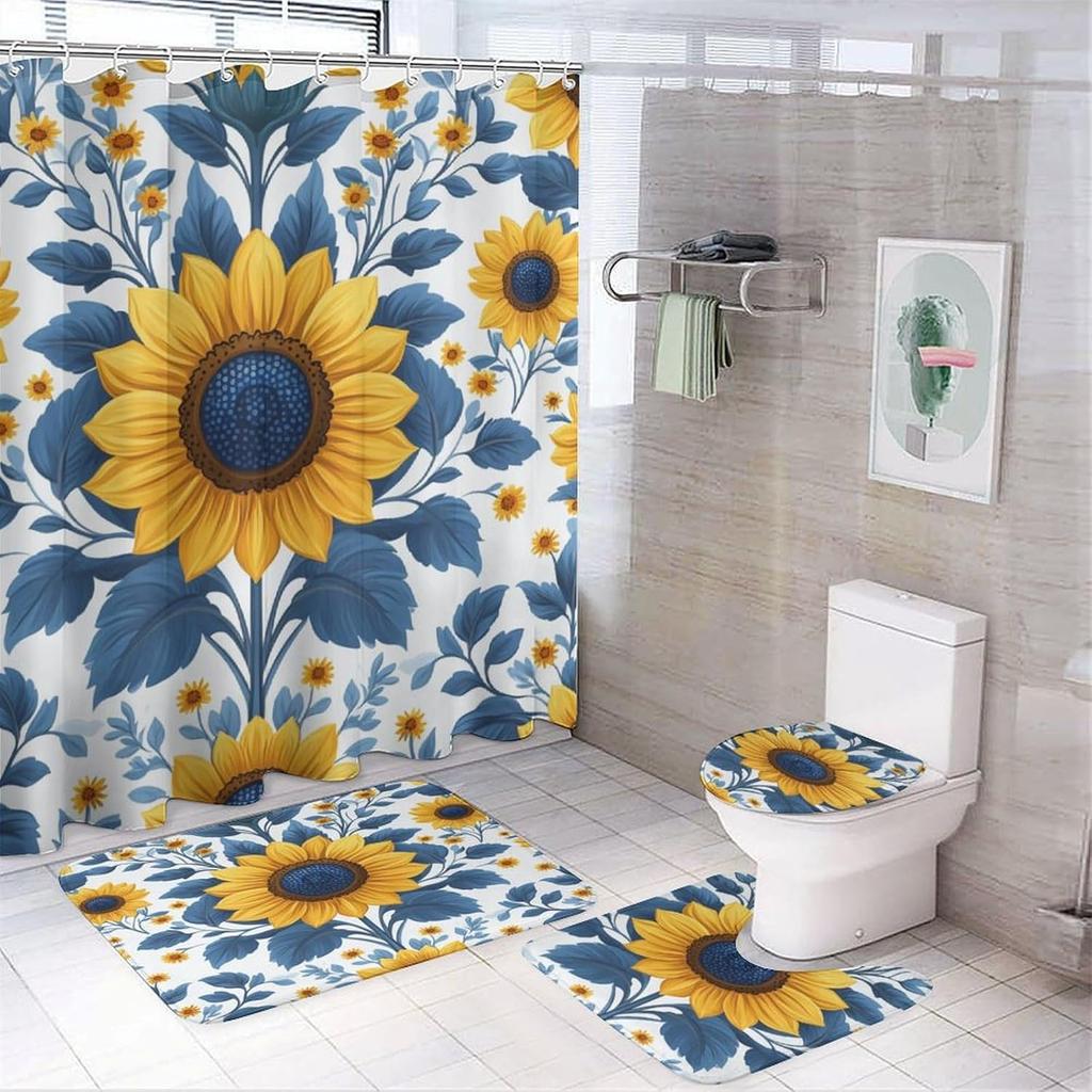 Bathroom Curtain And Rug Set, Sunflower Pattern Printed On Shower Curtain And Bath Mat Set, Designed For Farmhouse Contemporary