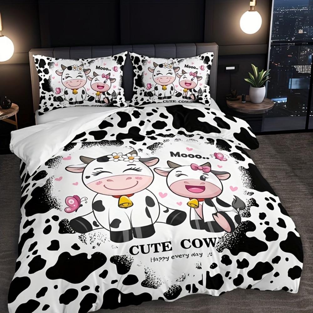 3pcs Bedding Set Black White Lovely Cow Print Cozy Duvet Cover Set King Queen Twin Single Size Birthday Gift Adult Bedroom Decor