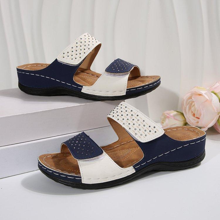 

Rhinestone word with thick-soled slippers women s large size slope heel color matching light beach cool slippers 43
