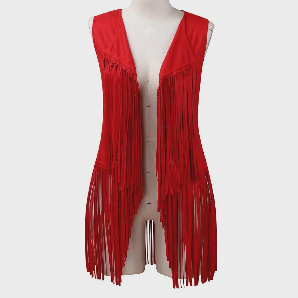 Dámská letní vesta s třásněmi z jelenice: Jednobarevný, bez rukávů, ležérní kardiganový top