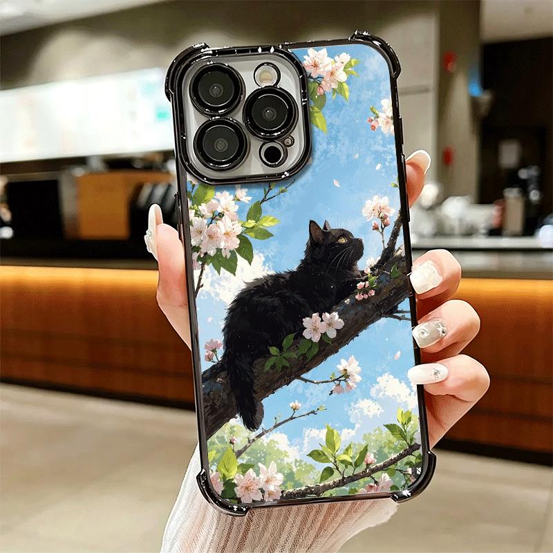 Black Cat Aesthetic Pattern Plating Phone Case For Iphone 16 17 Pro Max Air 16E 14 15 Plus 12 13 Mini Anti-Fall Airabag Cover