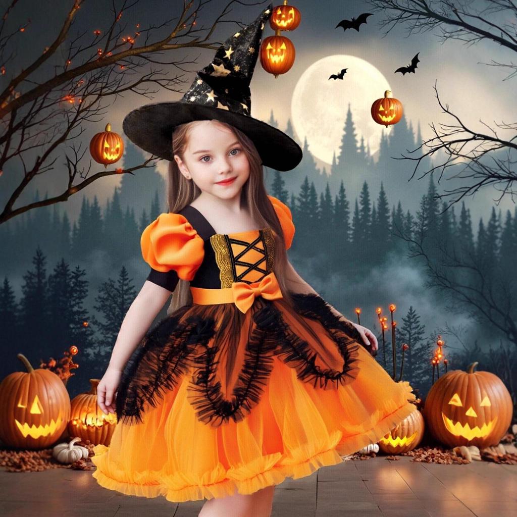 Children's Black and Orange Halloween Witch Costume Dress for Party and Performance