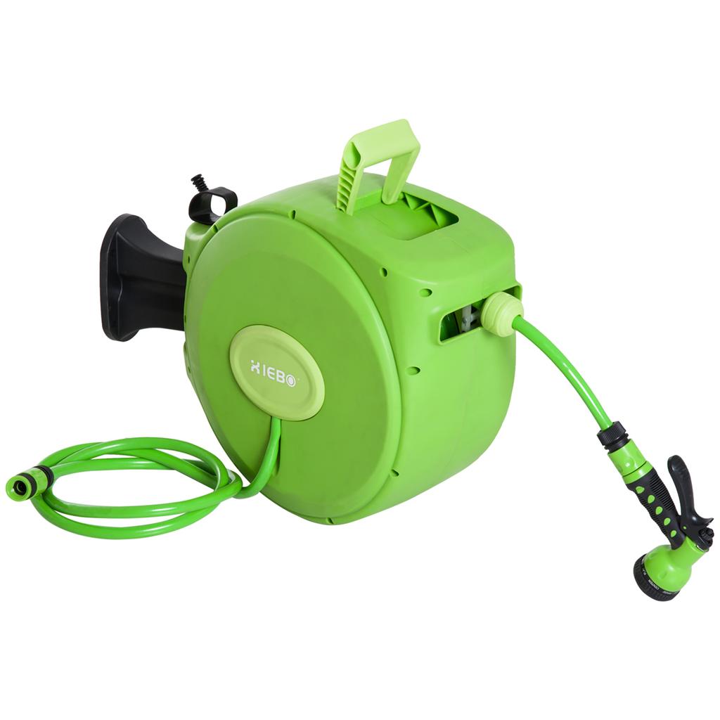 Retractable Garden Hose Reel with 20 m Water Hose, Wall Hose Reel Swivel 180 degrees, Automatic Hose Reel Garden Hose for Irrigation in plastic, Green