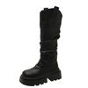 Damen Ritterstiefel mit dicker Sohle, Frühling neu, Retro, plissiert, mittelhoher Schaft, Stiefel zum Stapeln, schlanke Westernstiefel