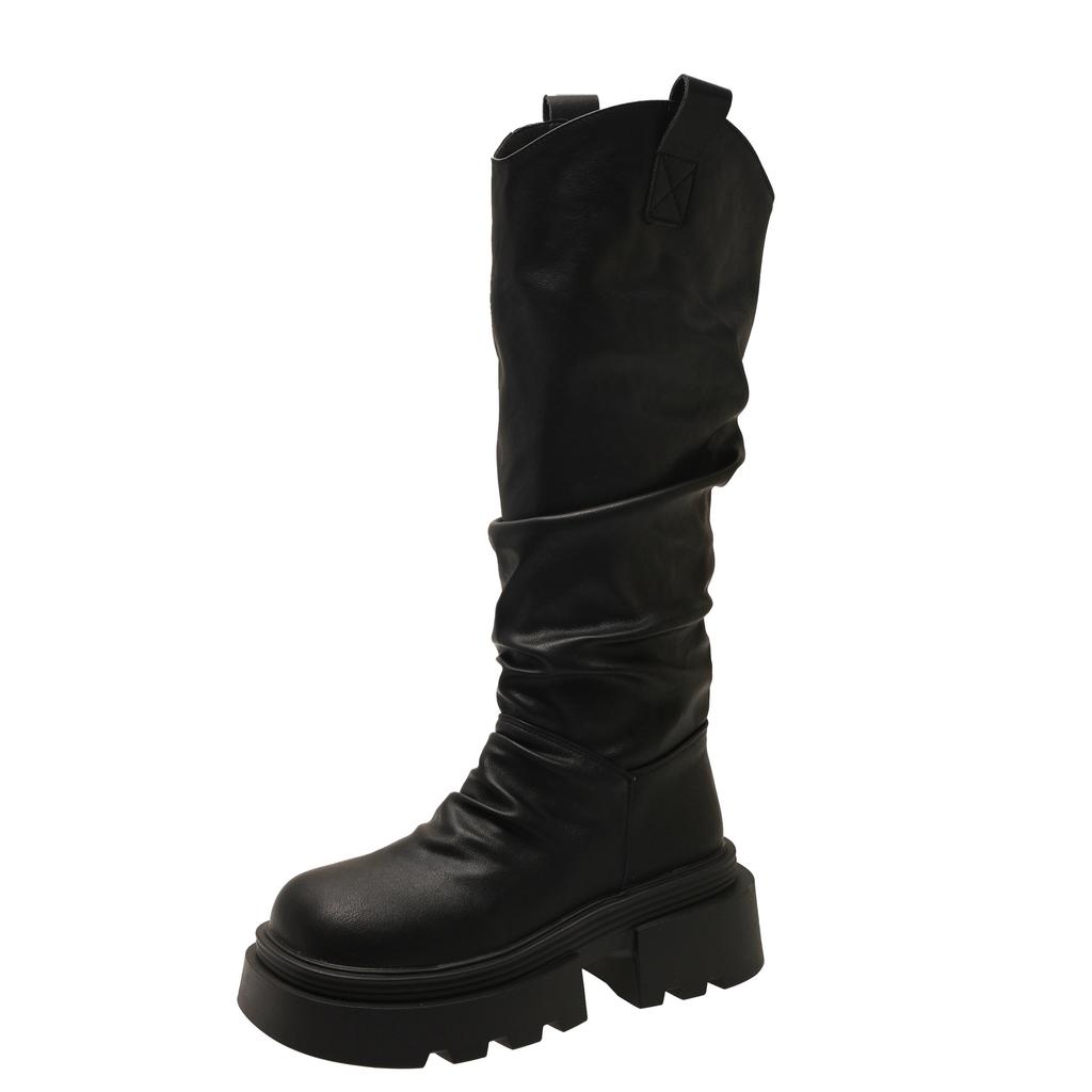Damen Ritterstiefel mit dicker Sohle, Frühling neu, Retro, plissiert, mittelhoher Schaft, Stiefel zum Stapeln, schlanke Westernstiefel