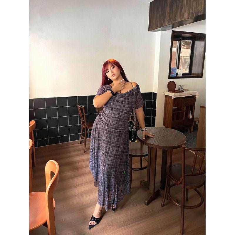 

Brother Nan Chubby Retro off-Shoulder Split Dress Women Summer Plus size Plaid Irregular Waist Hugging Slimming Skirts Picture Color 3XL