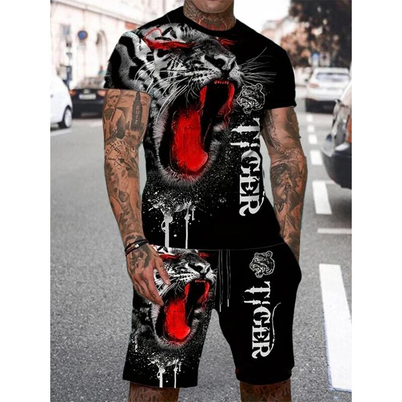 New Men's Summer Casual Everyday Short Sleeve and Shorts Set Cool The Lion King Print T-Shirt and Drawstring Short Set Men's Set