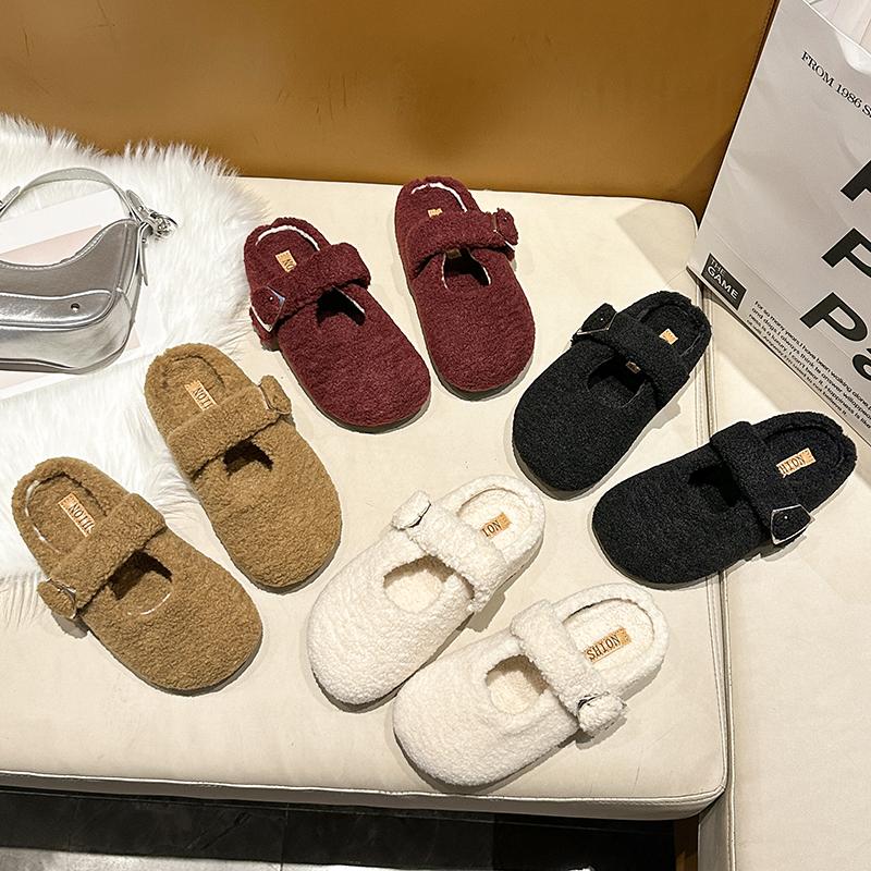 Fashion Rose Red Round Toe Lambswool Ballet Flats Woman Warm Teddy Fur Mary Jane Shoes Ladies Brand Design Winter Fluffy Mule Slippers