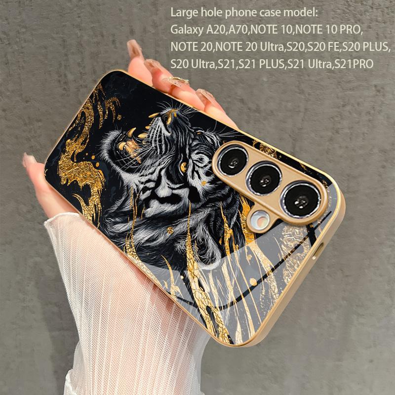Black Gold Tiger Pattern 2D Phone Case for Samsung S26 S25 S24 S23 S22 S21 S20 A56 - Golden Metal Paint Glass Protective Cover