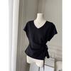 Cotton Large Size Bat Sleeves Tied At the Waist Design V-neck Short-sleeved T-shirt for Women Summer Korean Tops