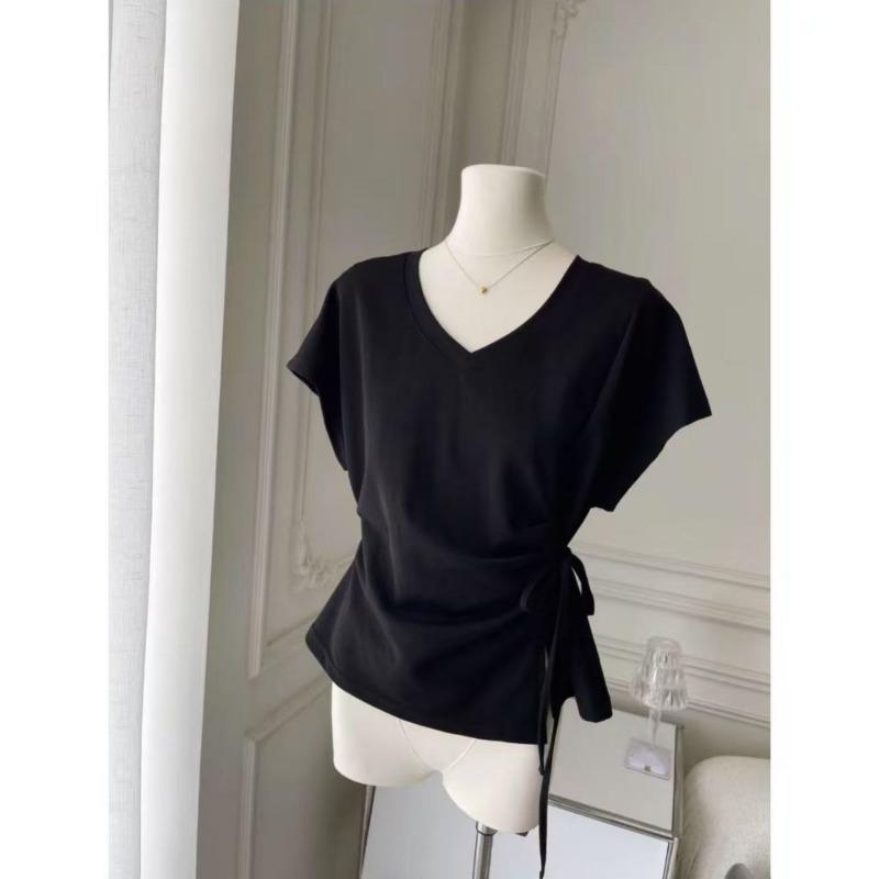 Cotton Large Size Bat Sleeves Tied At the Waist Design V-neck Short-sleeved T-shirt for Women Summer Korean Tops