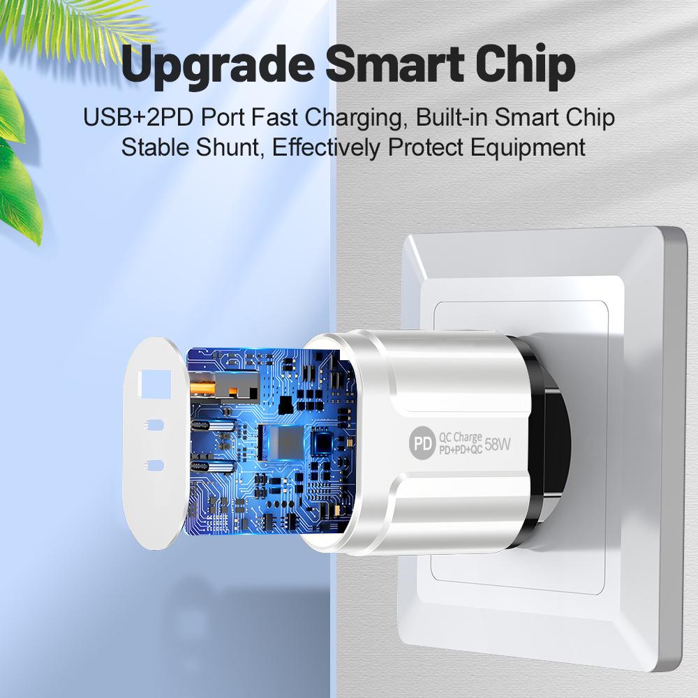 58W Dual Fast Charger: 2PD + QC3.0 for EU/US/UK/AU Plugs