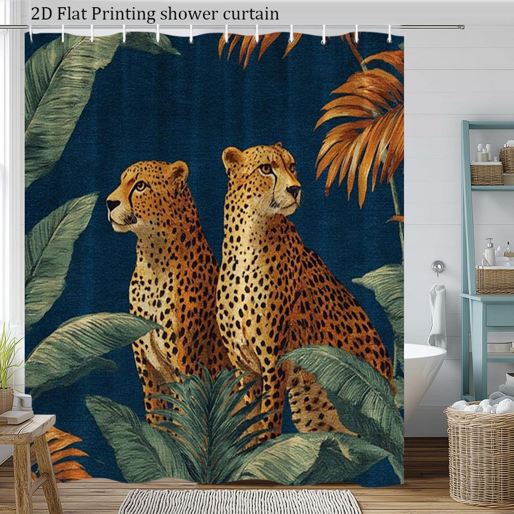 Jungle Leopard Shower Curtain Realistic Cheetahs  Tropical Leaves On Navy Blue Wild Animal Art for Boho or Luxury Bathroom Decor