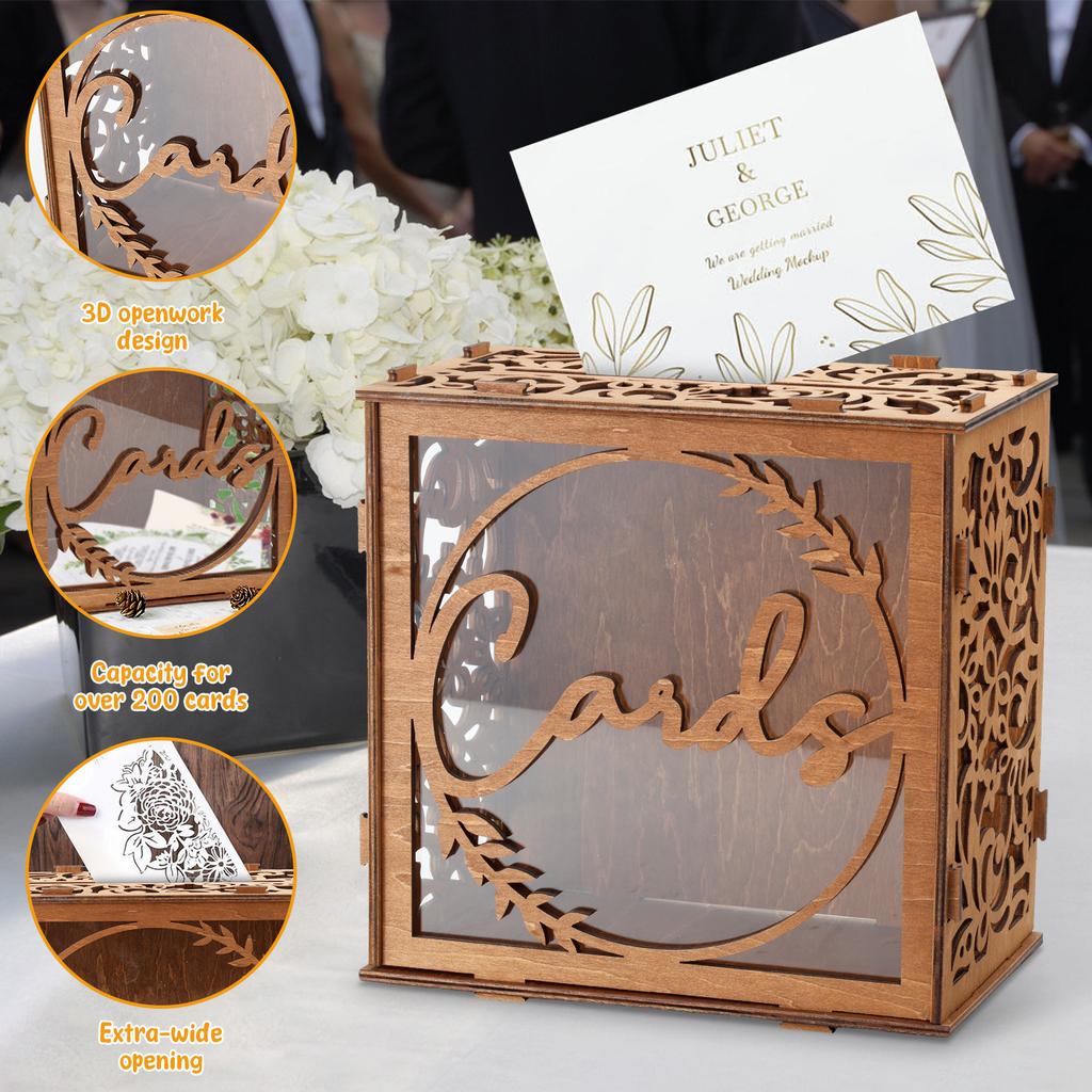 Wedding Card Box Wooden Transparent Window Gift Card Envelope Money Box for Wedding Birthday Party Anniversary Graduation