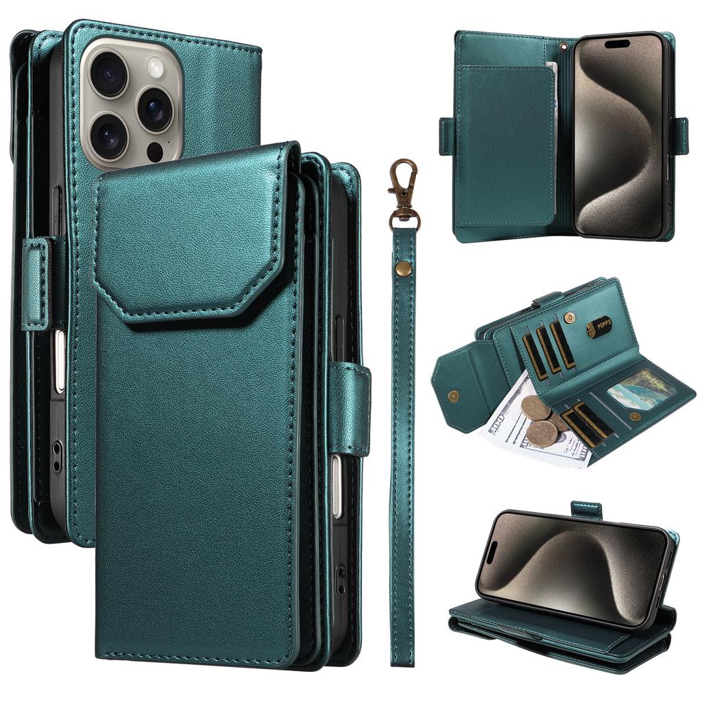 For iPhone 15 Pro Max Case with Multi-Card Holder and Strap PU Leather Phone Cover Stand