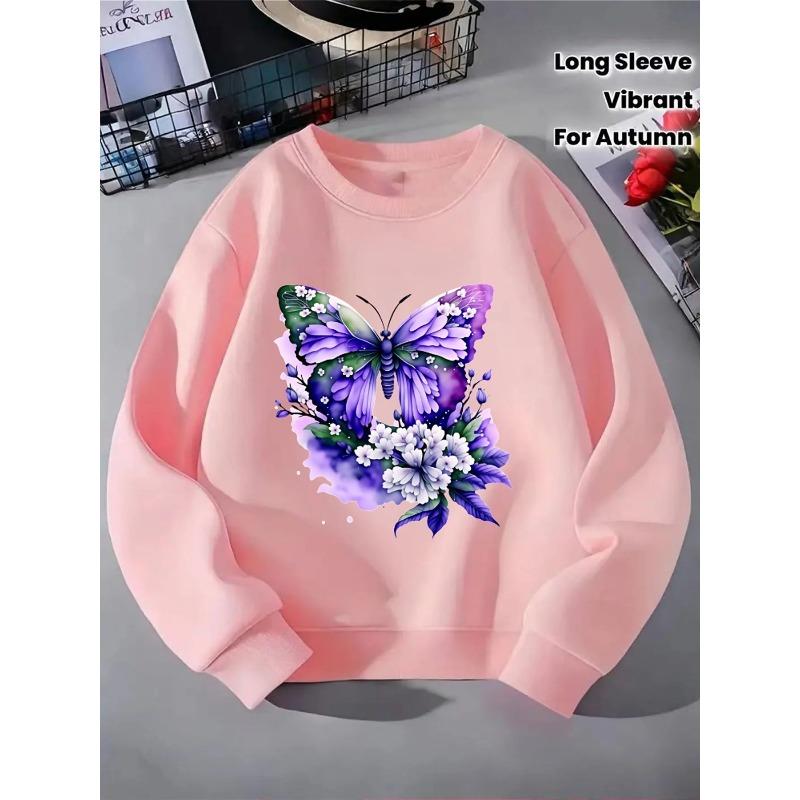 Unisex Crewneck Sweatshirt - Purple Butterfly Floral Pattern Art Machine Washable, Spring And Autumn, Sportswear And Casual Wear, Soft And Comfortable