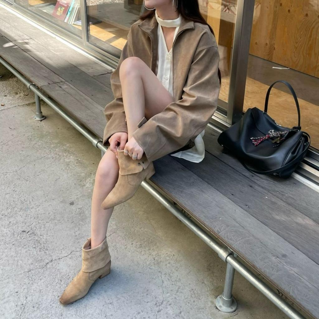 Sheepskin version~ Retro belt buckle small square head folded two wear medium boots western cowboy boots women's thick heel knight boots