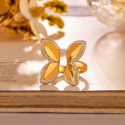 Wind Butterfly Flower Diamond Ring Niche Temperament Insect Jewelry Opening Design Titanium Steel Plated With 18K Gold