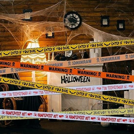 LIHAO Halloween Decoration Barricade Tape Non-Adhesive Warning 3 Types Included 30M Caution Sign Yellow