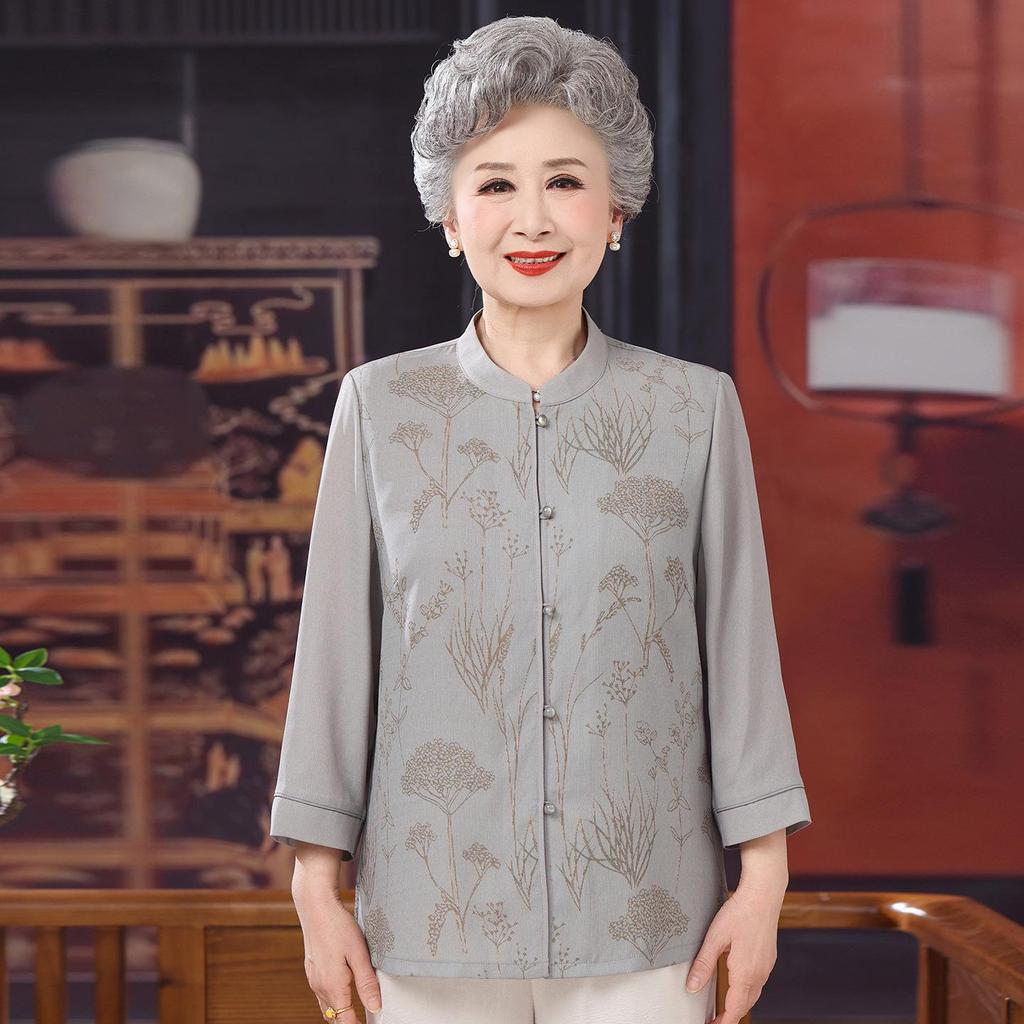 Chiffon Summer Shirt for Elderly Women: Chinese Style Round Neck Fashion.