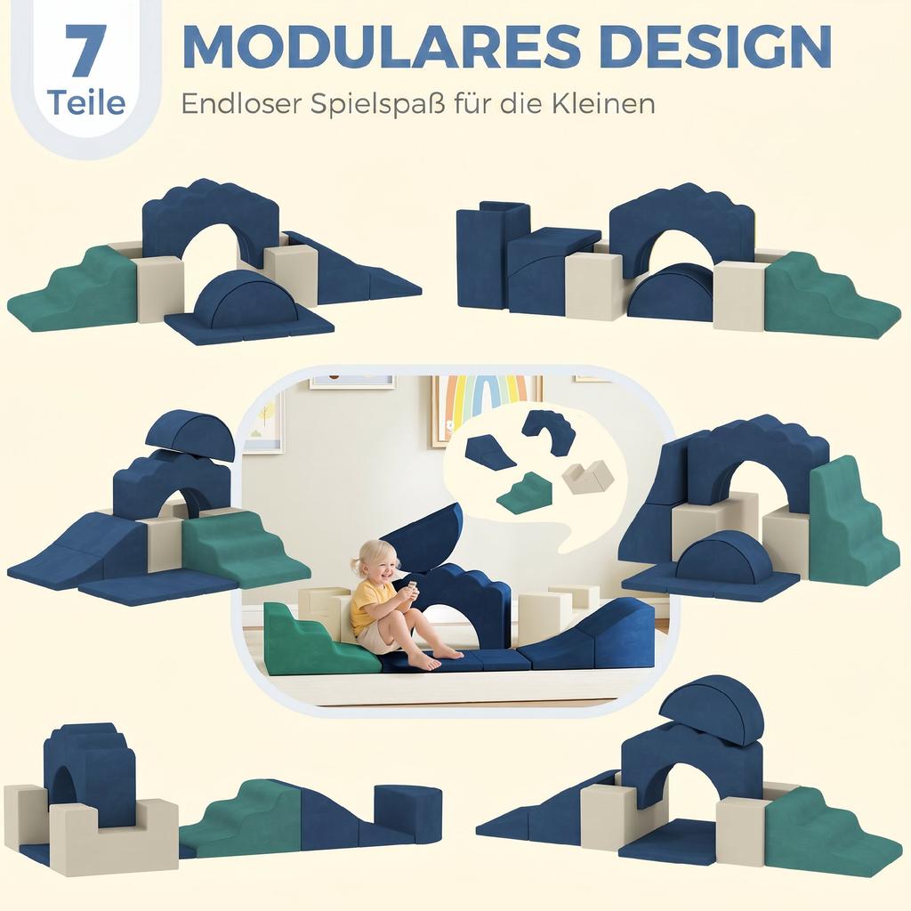 7-teiliges weiches Spielset für Kinder mit abnehmbarem Bezug, Baby Indoor Kletter- und Krabbel-Schaumstoffspielzeug für Kleinkinder, Dunkelblau