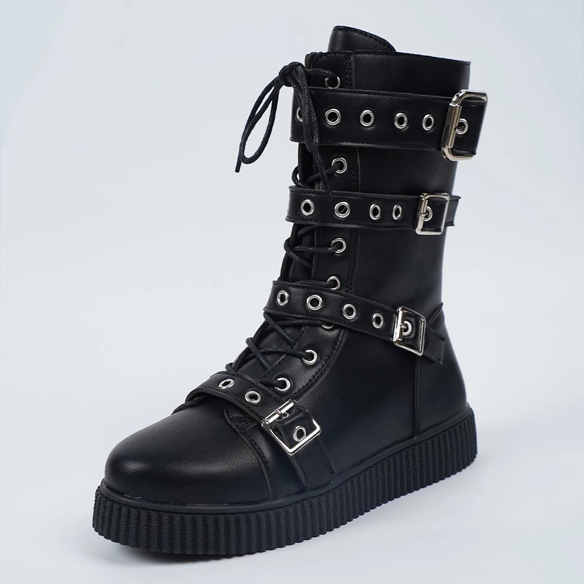 

Large Size 42 Platform Mid Calf Boots Women Fashion Punk Rivet Knight Boots New Autumn Winter Women s Thick Bottom Leather Shoes 42