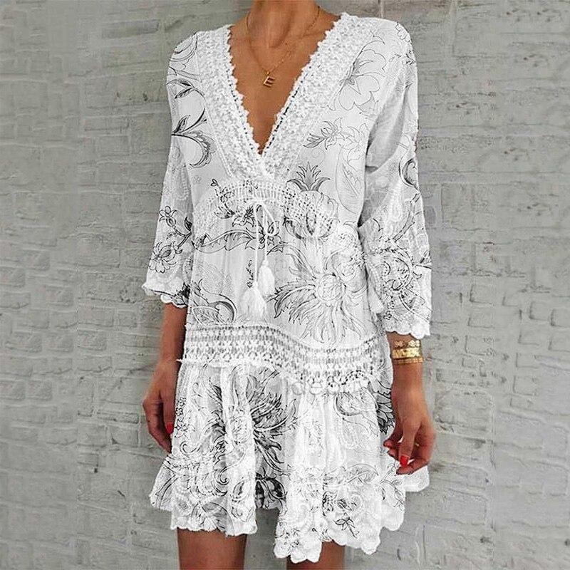 Elegante effen mini-jurk met uitlopende mouwen Dames Losse kwastkoord Strandjurken Zomer Vintage Vakantie Borduurwerk Damesjurk