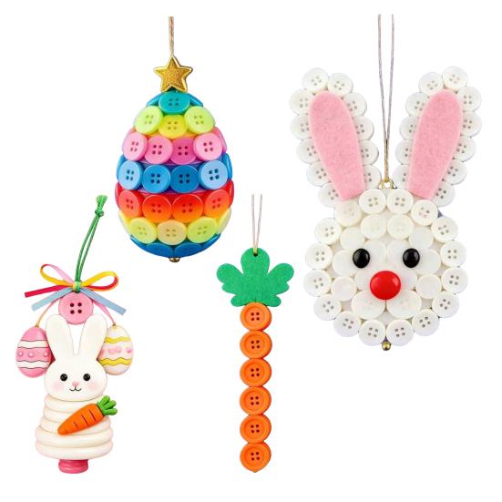 1/4 Sets DIY Easter Button Ornament Kit Handmade Easter Bunny Egg Carrot Hanging Decoration Button Art Crafts Easter Basket Stuffers Party Favors