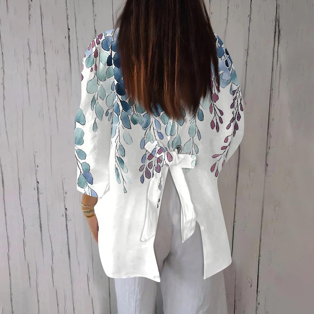 Women's Fashion 3/4 Sleeve Casual Lapel Back Tie- Floral Print T-Shirt Top