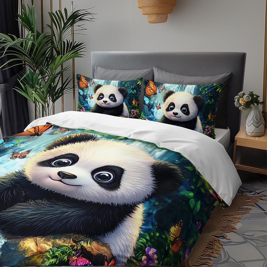 3pcs Cute Panda Butterfly Bedding Duvet Cover Set Panda Waterfall Bedding Quilt Set Animal Themed Bed Quilt Set Lovely Panda