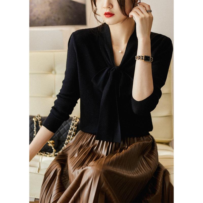 Women s new spring and autumn streamer shirt women s loose knitted sweater women s cardigan temperament sweater jacket One size чёрный