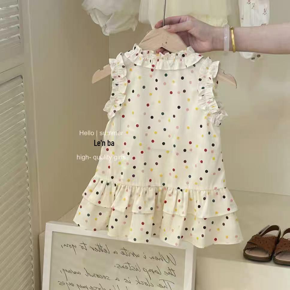 Flickas sommar koreansk prinsessa prickig spetsklänning