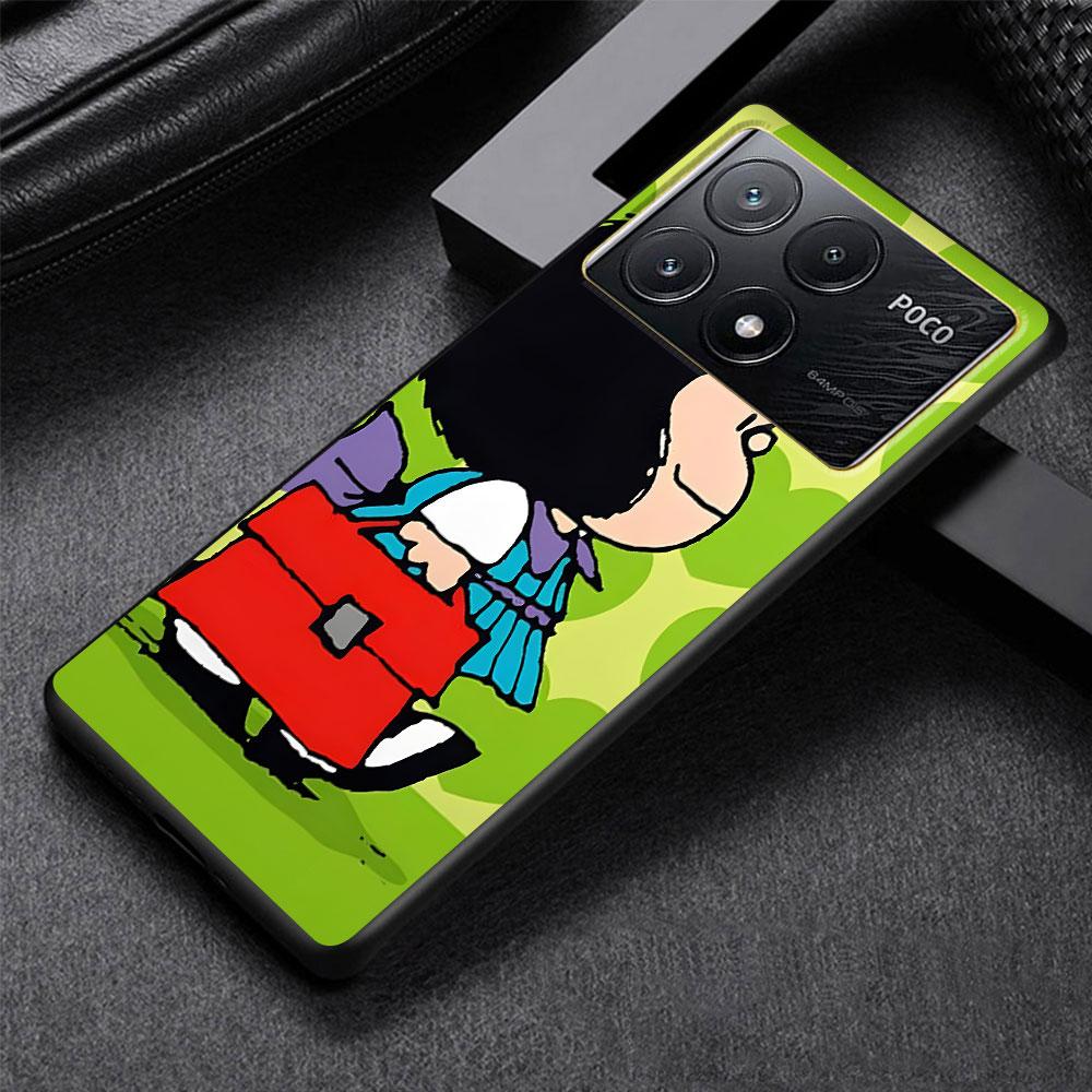 Cute Mafalda Case for Xiaomi Poco X6 X3 NFC M5s X5 F3 M4 M3 Pro Black Silicone Soft Phone Cover Coque