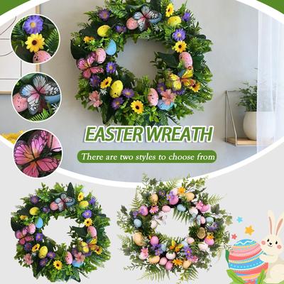 Paas Decoratie Krans - Kunstmatig Bladwerk, Bloesems & Eier Accenten | Feestelijk Deur/Wand/Veranda Ornament Voor Huis & Paasfeesten | Herbruikbaar Lente Holid