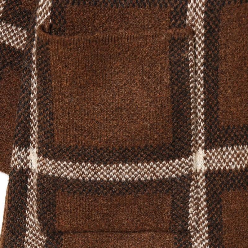 Womens Winter Knit Cardigan Coat With Plaid V-Neck Long Sleeve Mid-Length Sweater Jacket
