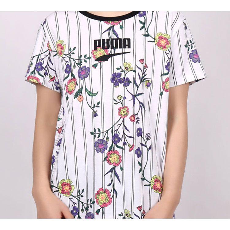 Puma Floral Logo Round Neck Short Sleeve T-Shirt Women Tops White 597470-02