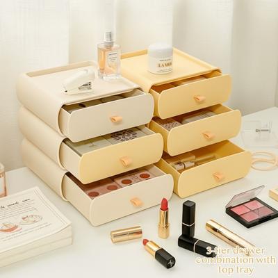 Makeup Organizer with Drawers Stackable Makeup Organizer with Top Tray Free Combination Desktop Vanity Storage for Cosmetics