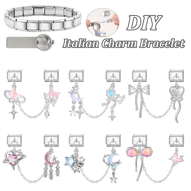 Y2K Zircon Moon Bow Star Pink Heart Tassel Chain Italian Charm Links Fit 9MM Stainless Steel Bracelet Women DIY Making Jewelry